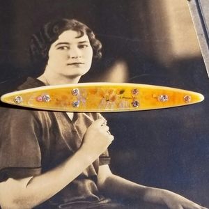 Antique celluloid bar pin brooch yellow clear rhinestones art deco